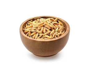 Steamed rice in   wood bowl on white background