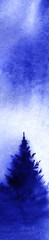Fototapeta na wymiar Blue silhouettes of foggy christmas tree on a gradient sky background. Bright blue ultramarine watercolor illustration. Hand-drawn background. Christmas mood