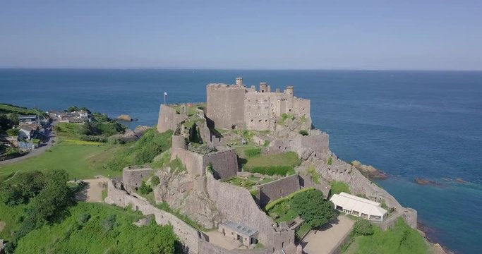Aerial drone video footage Mont Orgueil Castle, Gorey Castle, Jersey, British Isles