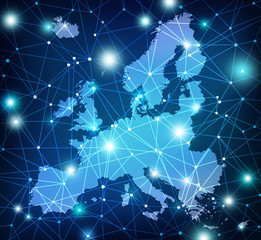 map of Europe overlaid with glowing network - abstract concept  - obrazy, fototapety, plakaty