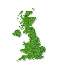 Vector isolated simplified illustration icon with green grassy silhouette of United Kingdom of Great Britain and Northern Ireland (UK) map. White background