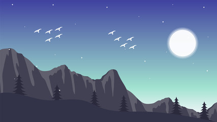 Flat design mountains with cloud starry sky Background Vector