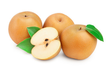 Fresh asian pear with leaf isolated on white background