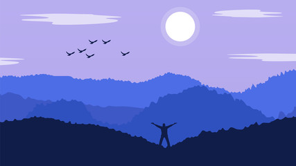 Fototapeta premium Man stood on mountain landscape Vector