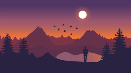 Fototapeta premium Man stood on mountain landscape Vector