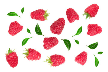 raspberries with leaves isolated on white background. Top view. Flat lay