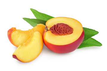Half nectarine fruit with leaf isolated on white background cutout