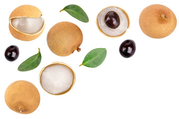 Fresh longan fruit with leaves isolated on white backgroundwith copy space for your text. Top view. Flat lay