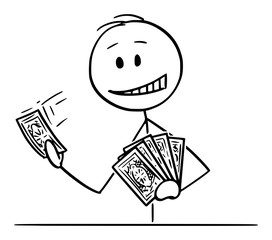 Vector cartoon stick figure drawing conceptual illustration of man or businessman holding playing cards in hand.