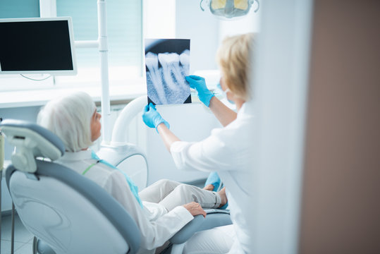Female doctor is holding dental x-ray in office