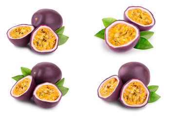 Set or collection whole passion fruits and a half with leaves isolated on white background. Isolated maracuya