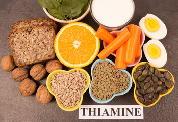 Ingredients containing vitamins B1 (thiamine). Healthy eating concept.