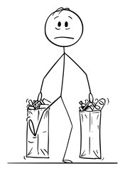 Vector cartoon stick figure drawing conceptual illustration of unhappy and tired man carrying big shopping bags full of food and other goods or groceries.
