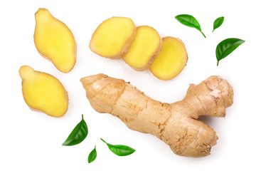 Fototapeta na wymiar fresh Ginger root and slice isolated on white background. Top view. Flat lay