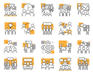 set of different meeting icons meetings, brainstorm, group team people, conference, leader, discussion. vector illustration