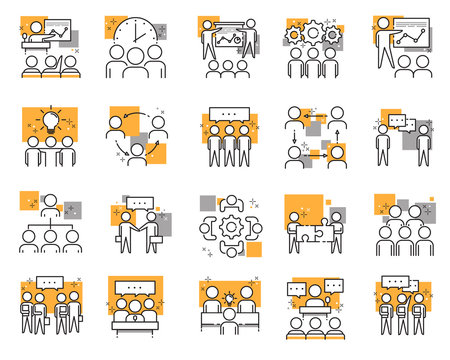 set of different meeting icons meetings, brainstorm, group team people, conference, leader, discussion. vector illustration