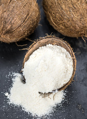 Portion of Coconut flour as detailed close-up shot; selective focus