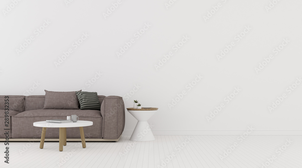 Aufkleber view of white living room in minimal style with sofa and small side table on laminate floor.perspect