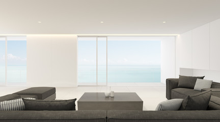 Perspective of white modern luxury living room with dark sofa on sea view background,large window design. - 3D rendering.