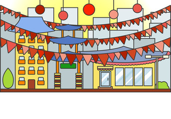 China town.A holiday in the Chinatown with balloons and garlands on the background of skyscrapers.Banner in a flat design.