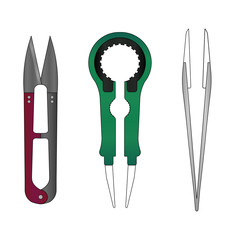 Diy vaping tools for cotton wicking. Snipper and two tweezers. Flat style. 