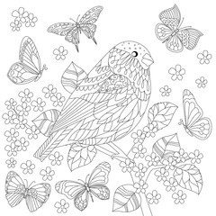 cute bird on branch of tree for your coloring page