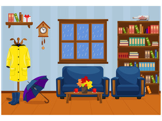 Autumn room with sofa, armchair, raincoat, boots and umbrella. Vector illustration.