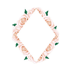 Rhombus frame of hand drawn beige roses and green leaves on white background. Decorative element for invitations, cards and design.