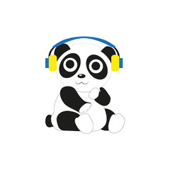 In the picture, a panda bear sits in headphones, listening to music. Stylish animal from the zoo, wildlife. Picture for baby illustration, for brochure. © milashcevuch