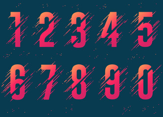 Numbers with liquid splash and drops, abstract colorful digits, ink mathematic symbol. Vector