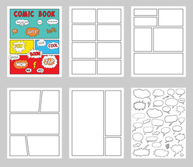 Naklejka premium comic book Blanks set, text speech bubbles , Comic magazine cover Template, strip page mock up