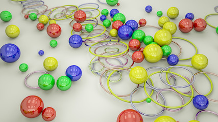 Abstract background from three-dimensional multi-colored smooth rings and spheres. 3d render. Illustration