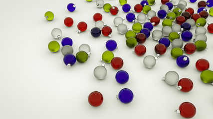 three-dimensional glass multi-colored Christmas balls on a white background. 3d render. Illustration