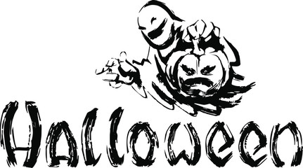 the name of the holiday and the silhouette of a ghost with a pumpkin