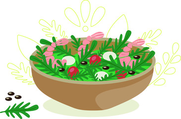 A plate of salad with arugula, shrimp and olives with cheese