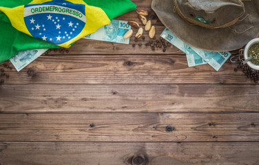 Objects are associated with Brazil on boards with space for an inscription