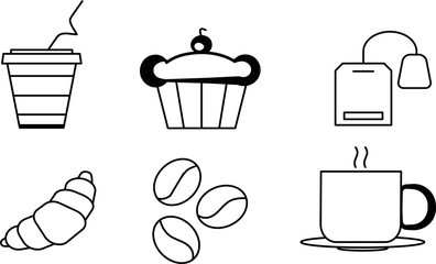 Set of flat food icons drawing with grey lines on white background