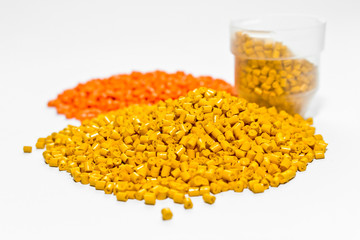 Plastic pellets . Plastic granules after processing of waste polyethylene and polypropylene.