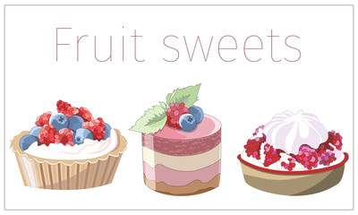 Set of cakes, sweets, baskets with cream and berries. French dessert. Vector icon.