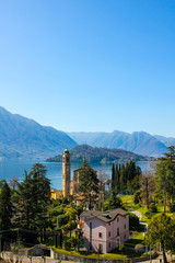Fototapeta na wymiar view of the church of tremezzo from the top of a hill at Como lake, italy