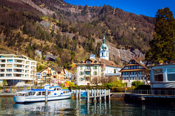 Fototapeta na wymiar View at town Weggis from Lucerne lake, Switzerland