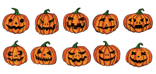 Halloween pumpkin set. Hand drawn illustration.