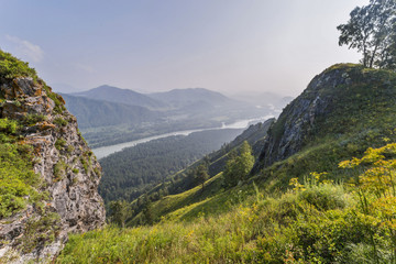 Naklejka premium landscape with mountains and river
