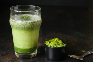 chia matcha pudding - tasty and healthy food, menu concept. food background. copy space
