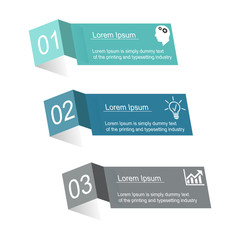 Business data visualization, infographics. Scheme of the process of elements with the help of graphics, diagrams of rectangles are curved in three steps, with an example of design of text, business ic