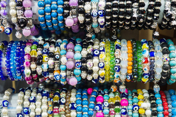 There are many different bracelets in Istanbul market. The background texture of the bracelets.