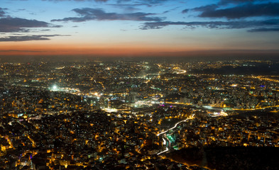 Aerial night panoramic view of business Istanbul, Turkey