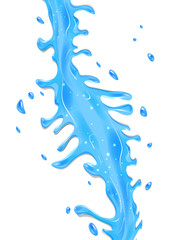 Water Transparent vector splash. Translucent cool waterfall flow with drops in light blue colors. Stream of clear cold aqua. Juice spiral jets with droplets. Yummy liquid, fresh drink, juice jelly