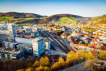 View of the Baden City in canton Aargau from the castle hill