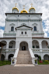The building of the temple with domes, the main entrance. Russian shrines. Joseph-Volotsky Monastery in Teryaev. Moscow region, Teryaevo.